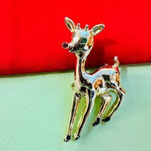 Vintage Reindeer Brooch Jeweled Eyes Gold Tone Christmas Rudolph Reindeer Pin